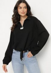 Czarna Bluza z Bawełną i Suwakiem Ściągana Sznurkami Felasa. Czarne bluzy damskie Born2be, na wiosnę, m, bez wzorów, z bawełny, bez kaptura. Za 59.99 zł.