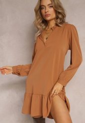 Jasnobrązowa Sukienka Pudełkowa Oversize Neki. Brązowe sukienki damskie Renee, z aplikacjami, eleganckie, bez ramiączek. W wyprzedaży za 79.99 zł.