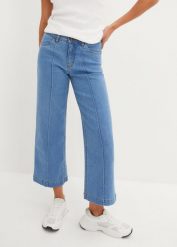 Dżinsy Wide Leg, mid waist, cropped. Niebieskie jeansy damskie bonprix. Za 97.99 zł.