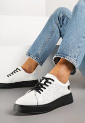 Biało-Czarne Sneakersy z Wkładką ze Skóry Naturalnej Ozdobione Cyrkoniami i Sercem Tiralia. Białe obuwie sportowe damskie Renee, z jeansu, bez zapięcia. Za 159.99 zł.