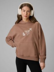 4F Bluza dresowa loose z kapturem damska - beżowa XS. Brązowe bluzy damskie 4F, xs, bez wzorów, z bawełny, z kapturem. Za 189.99 zł.