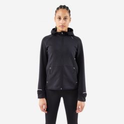Bluza do biegania damska Kiprun Run 500 Warm ocieplana. Czarne bluzy damskie KIPRUN, na zimę, s, bez wzorów, z materiału, bez kaptura. Za 159.99 zł.
