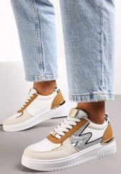 Biało-Brązowe Płaskie Sneakersy z Metalową i Brokatową Wstawką Nebritta. Brązowe obuwie sportowe damskie Renee, bez zapięcia. Za 79.99 zł.