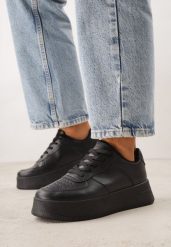 Czarne Kultowe Sneakersy na Grubej Podeszwie z Perforacją na Nosku Lissina. Czarne obuwie sportowe damskie Renee, z jeansu, bez zapięcia. Za 59.99 zł.