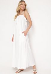 Biała Sukienka na Regulowanych Ramiączkach Wiązana na Szyi Ploeliama. Białe sukienki damskie Born2be, bez wzorów, eleganckie, bez ramiączek. Za 44.99 zł.