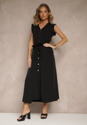 Czarna Sukienka z Paskiem Koszulowa o Rozkloszowanym Fasonie Mavoselle. Czarne sukienki damskie Renee, bez wzorów, z jeansu, eleganckie, bez ramiączek. W wyprzedaży za 135.99 zł.