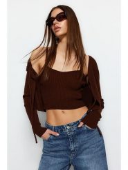 Trendyol 2-częściowy zestaw w kolorze brązowym rozmiar: S. Brązowe kardigany damskie Trendyol, s, prążkowane, bez kołnierzyka. Za 60.99 zł.