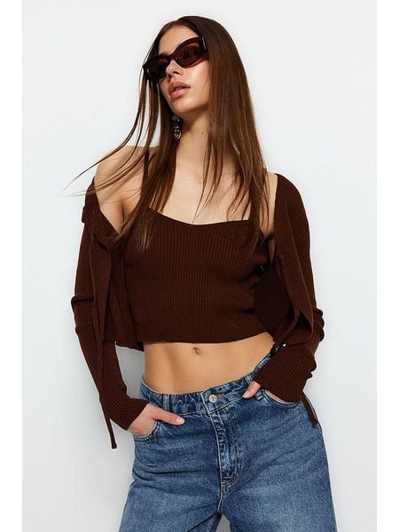 Trendyol 2-częściowy zestaw w kolorze brązowym rozmiar: S. Brązowe kardigany damskie Trendyol, s, bez wzorów, prążkowane. Za 60.99 zł.