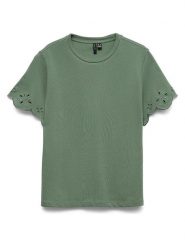 Vero Moda Koszulka w kolorze zielonym rozmiar: L. Zielone bluzki damskie Vero Moda, l, bez wzorów, z bawełny, bez kołnierzyka, bez ramiączek. Za 85.38 zł.