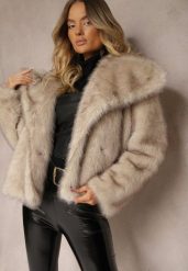 Beżowa Elegancka Kurtka Futerko z Kołnierzem Vertirida. Brązowe kurtki damskie Renee, na zimę, m, bez wzorów, z futra, bez kaptura. Za 259.99 zł.