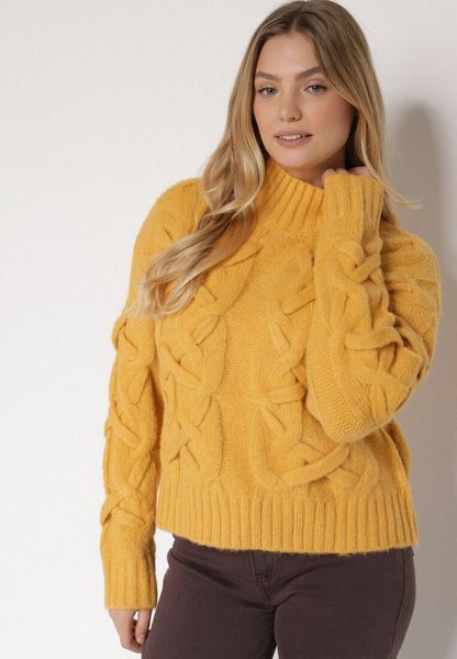 Żółty Golf z Domieszką Wełny Zdobiony Oryginalnym Splotem Fedwira. Żółte golfy damskie Born2be, uniwersalny, z aplikacjami, z jeansu, bez ramiączek. Za 159.99 zł.