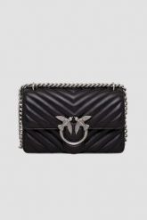 PINKO Czarna kopertówka damska ze srebrnymi okuciami Love One Mini DC. Czarne torebki wieczorowe damskie Pinko, bez wzorów, bez dodatków. W wyprzedaży za 1,129.99 zł.