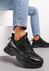 Czarne Sneakersy na Masywnej Podeszwie z Napisami Moisa. Czarne obuwie sportowe damskie Renee, z jeansu, bez zapięcia. Za 99.99 zł.