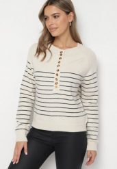 Beżowo-Niebieski Sweter w Paski Zapinany na Guziki przy Dekolcie Irinelas. Brązowe swetry klasyczne damskie Born2be, l, bez kołnierzyka. Za 84.99 zł.