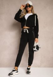 Czarny Komplet Dresowy z Dodatkiem Bawełny Spodnie z Gumką w Talii Bluza z Kapturem Sesaria. Czarne bluzy damskie Renee, l, bez wzorów, z bawełny, z kapturem. Za 119.99 zł.