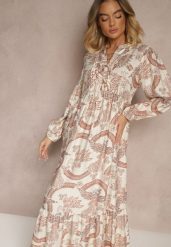 Pomarańczowa Rozkloszowana Sukienka z Wiskozą Wiązana przy Dekolcie w Roślinny Print Koriselle. Brązowe sukienki damskie Renee, bez wzorów, z wiskozy, eleganckie, bez ramiączek. W wyprzedaży za 119.99 zł.