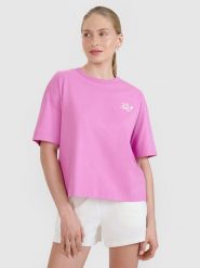 4F T-shirt regular z nadrukiem damski - różowy S. Czerwone t-shirty damskie 4F, s, bez wzorów, z bawełny, bez kołnierzyka. W wyprzedaży za 39.99 zł.