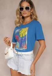 Niebieski Casualowy T-shirt z Bawełny Ozdobiony Tropikalnym Motywem Adrinea. Niebieskie t-shirty damskie Renee, m, bez wzorów, z bawełny, bez kołnierzyka. Za 29.99 zł.