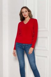Sweter w Serek z Dzianiny w Prążek - Czerwony. Czerwone swetry klasyczne damskie Lanti, l, z dzianiny, bez kołnierzyka. Za 229.90 zł.