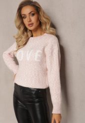 Różowy Sweter z Ozdobnym Napisem Wykończony Ściągaczami Minisoji. Czerwone swetry klasyczne damskie Renee, l, z elastanu, bez kołnierzyka. Za 99.99 zł.