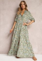 Zielona Sukienka Koszulowa w Roślinny Wzór Bahi. Zielone sukienki damskie Renee, bez wzorów, z wiskozy, eleganckie, bez ramiączek. W wyprzedaży za 67.99 zł.