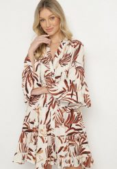 Brązowa Sukienka z Wiskozy o Rozkloszowanym Kroju z Falbanami w Roślinny Wzór Ridiara. Brązowe sukienki damskie Born2be, bez wzorów, z wiskozy, eleganckie, bez ramiączek. W wyprzedaży za 118.99 zł.