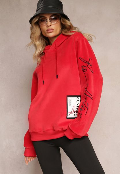 Czerwona Bluza z Polarem i Haftami na Rękawach Janakame. Czerwone bluzy damskie Renee, na jesień, xl, bez wzorów, z bawełny, z kapturem. Za 39.99 zł.