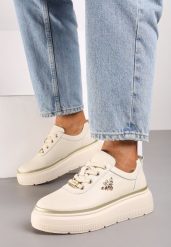 Beżowe Skórzane Sneakersy na Grubej Podeszwie z Metaliczną Ozdobą Nericia. Brązowe obuwie sportowe damskie Born2be, z jeansu, bez zapięcia. Za 199.99 zł.