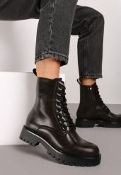 Brązowe Płaskie Sznurowane Botki w Stylu Workerów Lotirra. Brązowe botki damskie Renee, z jeansu, eleganckie, bez obcasa, na obcasie, bez zapięcia. Za 119.99 zł.