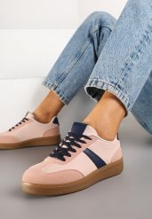Różowo-Granatowe Sneakersy w Stylu Tenisówek Ozdobione Paskiem Elhanis. Czerwone obuwie sportowe damskie Born2be, z jeansu, bez zapięcia, tenisowe. Za 84.99 zł.