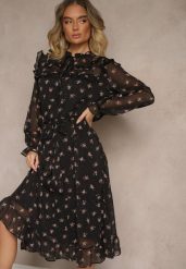 Czarna Rozkloszowana Sukienka w Kwiatowy Print z Wiązaniem w Talii i Pod Dekoltem Ronflara. Czarne sukienki damskie Renee, bez wzorów, z jeansu, eleganckie, bez ramiączek. W wyprzedaży za 127.99 zł.