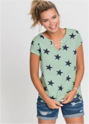Bawełniany T-shirt we wzór w gwiazdki. Zielone t-shirty damskie bonprix, bez wzorów, z bawełny, bez kołnierzyka. Za 62.99 zł.