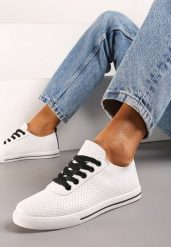Biało-Czarne Płaskie Sznurowane Tenisówki przed Kostkę Ozdobione Perforacją Serettia. Białe obuwie sportowe casual damskie Renee, bez zapięcia. Za 39.99 zł.