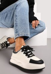 Biało-Czarne Sneakersy ze Skóry Naturalnej z Platformą i Szerokimi Sznurówkami Talthea. Białe obuwie sportowe damskie Renee, z jeansu, bez zapięcia. Za 179.99 zł.