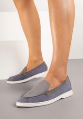 Szaro-Niebieskie Mokasyny Ozdobione Przeszyciami Fonaleia. Szare mokasyny damskie Renee, z jeansu, bez obcasa. Za 59.99 zł.