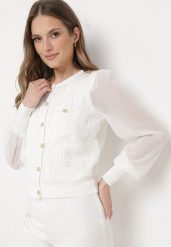 Biała Elegancka Bluzka z Ozdobnymi Guzikami i Siateczkowymi Rękawami ze Ściągaczem Melorian. Białe bluzki damskie Born2be, s, bez wzorów, z jeansu, eleganckie, bez kołnierzyka, bez ramiączek. Za 119.99 zł.