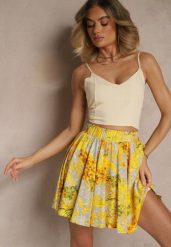 Żółte Spódnico-Szorty High Waist w Kwiaty Sunevra. Żółte szorty damskie Renee, bez wzorów, z podwyższonym stanem. Za 39.99 zł.