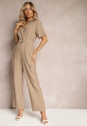Beżowy Długi Kombinezon w Stylu Utility z Kieszeniami Cargo Paskiem i Kołnierzykiem Qillilena. Brązowe sukienki damskie Renee, bez wzorów, eleganckie, bez ramiączek. W wyprzedaży za 125.99 zł.