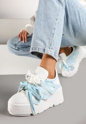 Biało-Niebieskie Sneakersy Vices na Płaskiej Podeszwie z Geometryczną Aplikacją Nelenith. Białe obuwie sportowe damskie Renee, z jeansu, bez zapięcia. Za 139.99 zł.