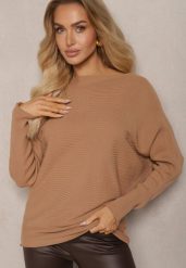 Beżowy Sweter o Klasycznym Kroju i Dekoltem w Łódkę Valorvia. Brązowe swetry klasyczne damskie Renee, m, z jeansu, bez kołnierzyka. Za 84.99 zł.