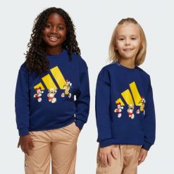 Bluza Adidas Disney Mickey Mouse. Niebieskie bluzy damskie Adidas, bez wzorów, z materiału, bez kaptura. W wyprzedaży za 99.50 zł.
