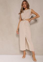 Beżowa Sukienka z Rozkloszowanym Dołem Ozdobiona Wycięciami w Talii i Metalicznym Detalem Galanissa. Brązowe sukienki damskie Renee, bez wzorów, eleganckie, bez ramiączek. W wyprzedaży za 99.99 zł.
