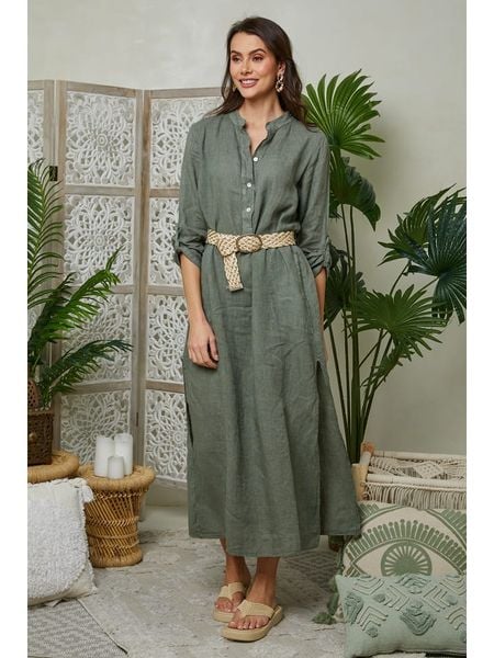 Lin Passion Lniana sukienka w kolorze khaki rozmiar: 36/38. Brązowe sukienki damskie Lin Passion, bez wzorów, ze lnu, klasyczne, bez ramiączek. Za 157.73 zł.