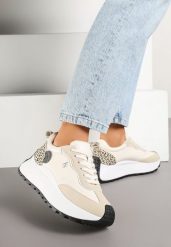 Beżowe Sneakersy Vices na Grubej Podeszwie z Motywem Panterki i Naszywką Selarisa. Brązowe obuwie sportowe damskie Born2be, z jeansu, bez zapięcia. Za 99.99 zł.