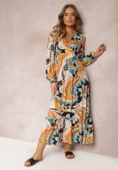 Beżowa Kopertowa Sukienka Maxi w Fantazyjny Nadruk Leanda. Brązowe sukienki damskie Renee, bez wzorów, bez ramiączek. W wyprzedaży za 75.99 zł.