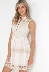 Jasnobeżowa Sukienka Ashiriel. Brązowe sukienki damskie Born2be, z aplikacjami, boho, bez ramiączek. Za 229.99 zł.