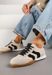 Beżowo-Czarne Sneakersy Ozdobione Plecionką z Rafii Wiloria. Brązowe obuwie sportowe damskie Born2be, z jeansu, bez zapięcia. Za 89.99 zł.