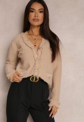 Beżowy Kardigan Zapinany z Wiskozy Asabe. Brązowe kardigany damskie Renee, z aplikacjami, z bawełny. Za 129.99 zł.