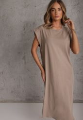 Ciemnobeżowa Sukienka T-shirtowa z Krótkimi Szerokimi Rękawami Arisea. Brązowe sukienki damskie Renee, bez wzorów, biznesowe, bez ramiączek. Za 89.99 zł.