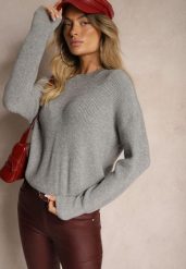 Szary Sweter z Wiskozą Ozdobiony Metaliczną Nicią Lialicia. Szare swetry klasyczne damskie Renee, na zimę, z wiskozy, bez kołnierzyka. Za 59.99 zł.